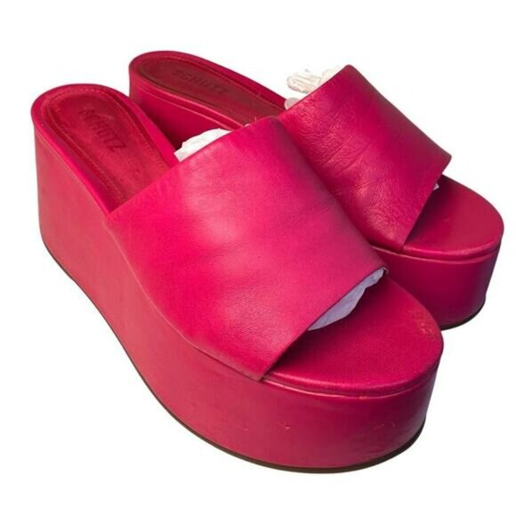 Schutz Hot Pink Leather Platform Wedge Sandals Sz 7.5 Barbie Y2K Chunky Festival - Picture 4 of 16